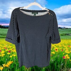 Lauren~ Ralph Lauren Navy Blouse with White Polka Dots with accent Zipper